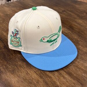 Vintage Bird Embroidered Cap - Cream and Blue